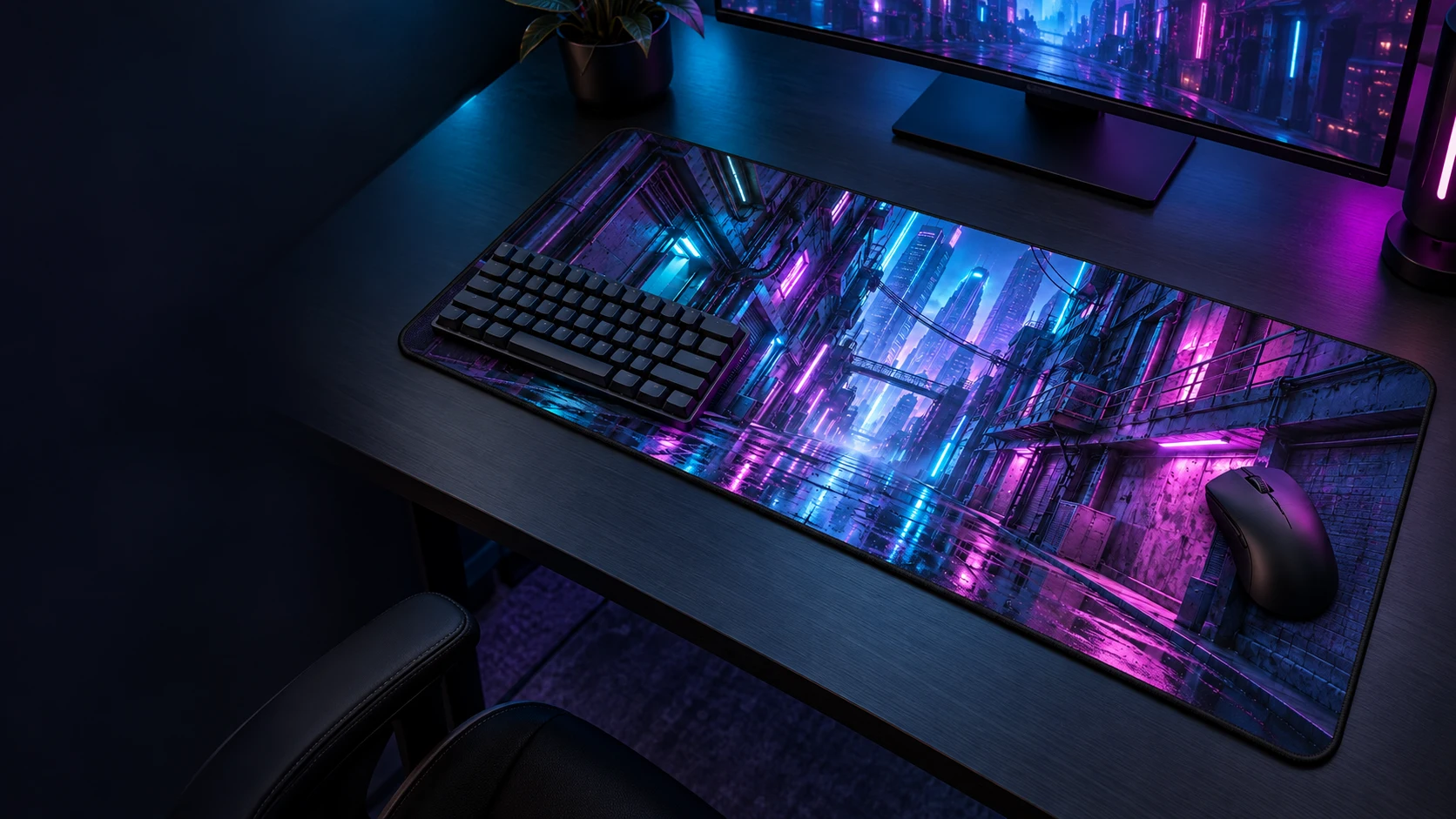 Neon Alley mouse pad on a cyan and violet lit gaming desk